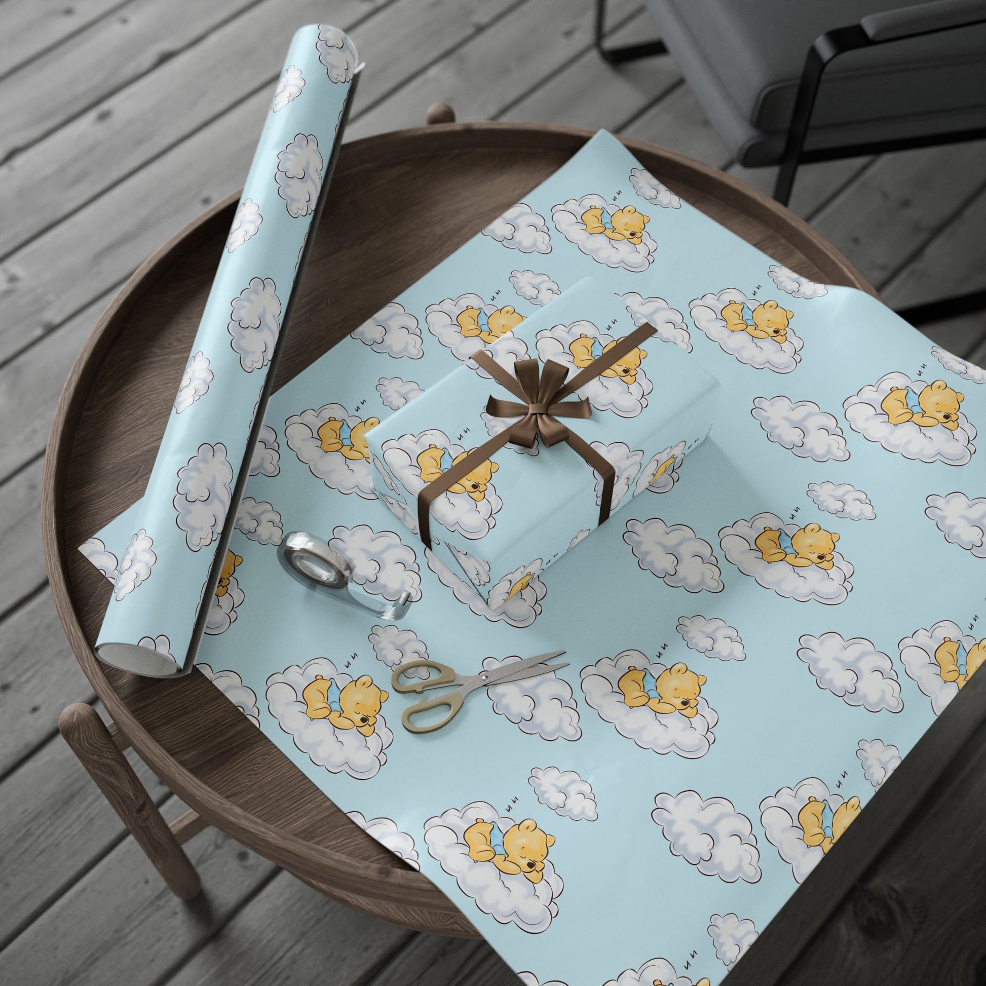 Gift Wrap - Blue Baby Classic Winnie the Pooh in a Blue Shirt on a Cloud
