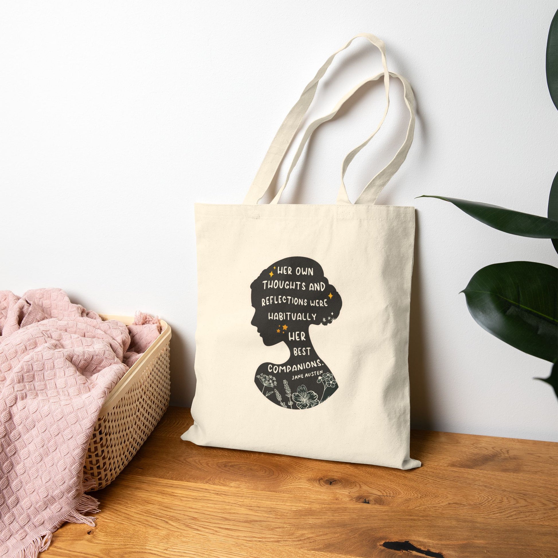 Tote Bag, Jane Austen Silhouette Cotton Canvas Tote Bag - Literary Quote, Book Lovers Gift, Floral Design, Black or Natural Tote, Women's Fashion