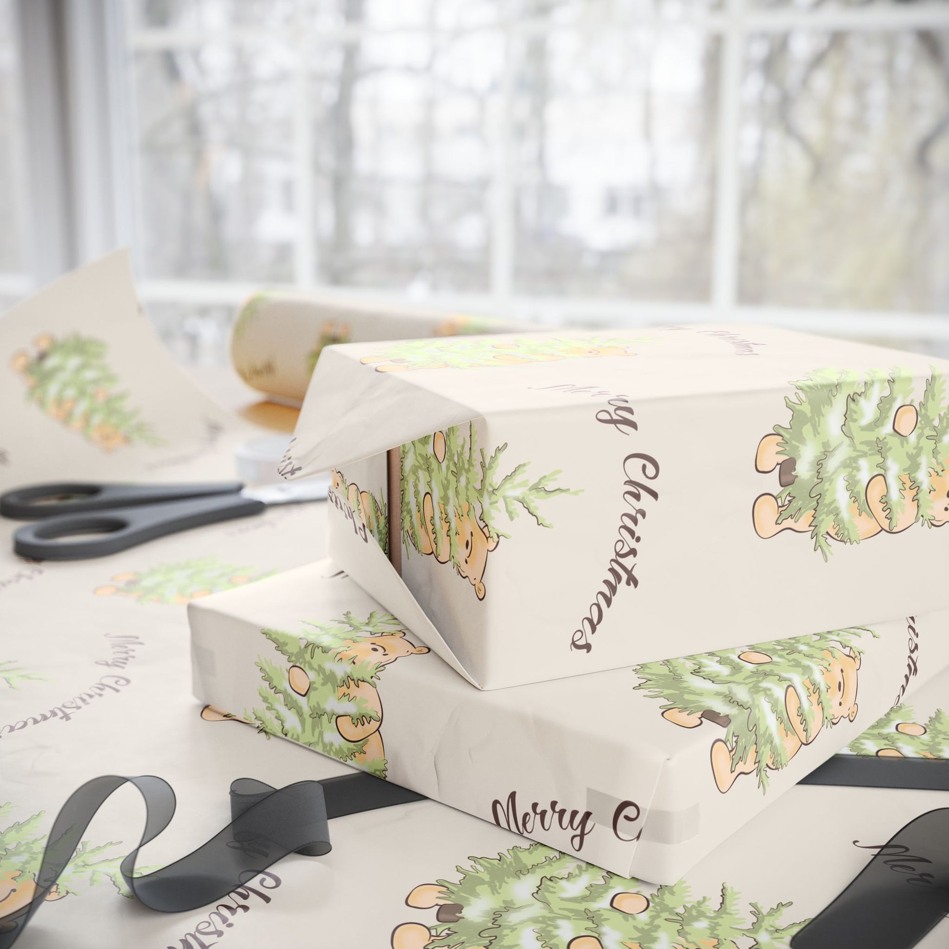 Gift Wrap - Cream Classic Winnie the Pooh Merry Christmas Wrapping Papers, Pooh holding a Snow Covered Tree