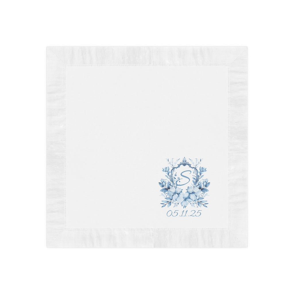 Custom Cocktail Napkin, Ice Blue Crest Personalized with Initial and Date, Wedding Party, Bachelorette, Bridal,  Engagement Shower, Party