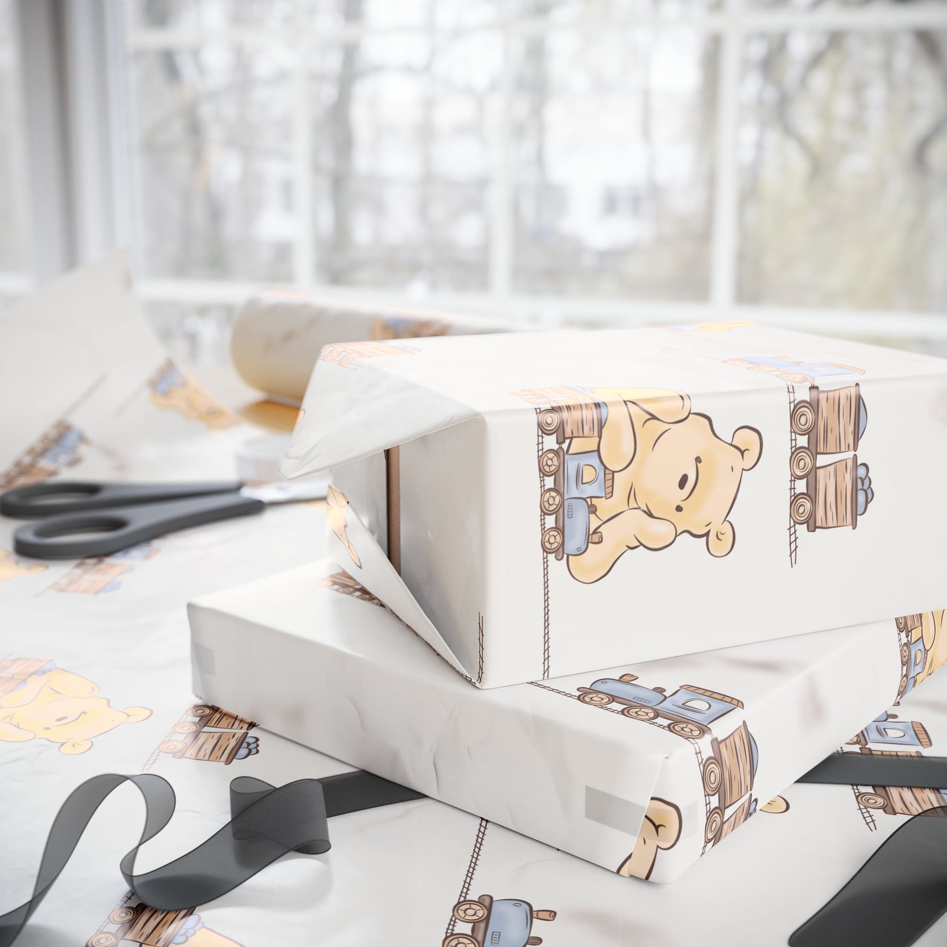 Gift Wrap - Cream Classic Winnie the Pooh playing with a train set