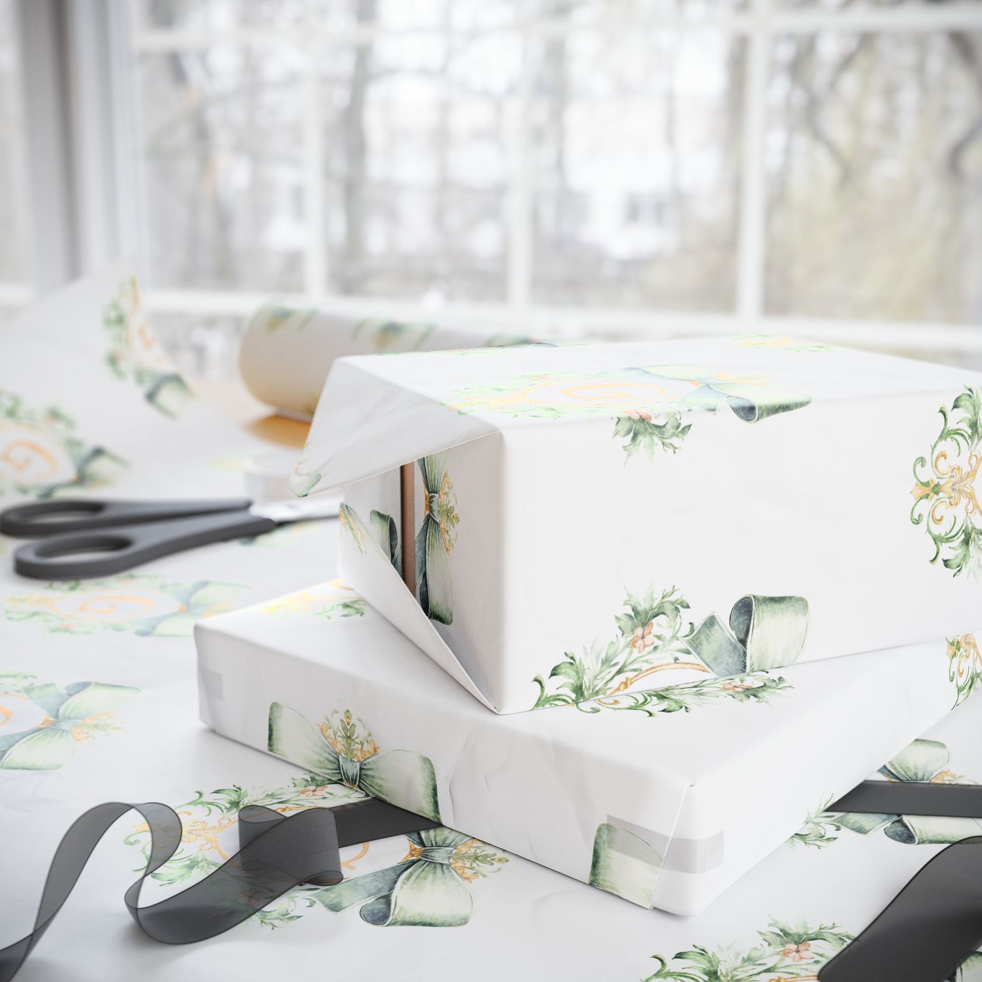 Gift Wrap, Wedding Gift Wrap, Baby Shower Green and Gold Bow Crest with Personalized Initial in Gold Wrapping Paper, Presents, Custom,Bridal