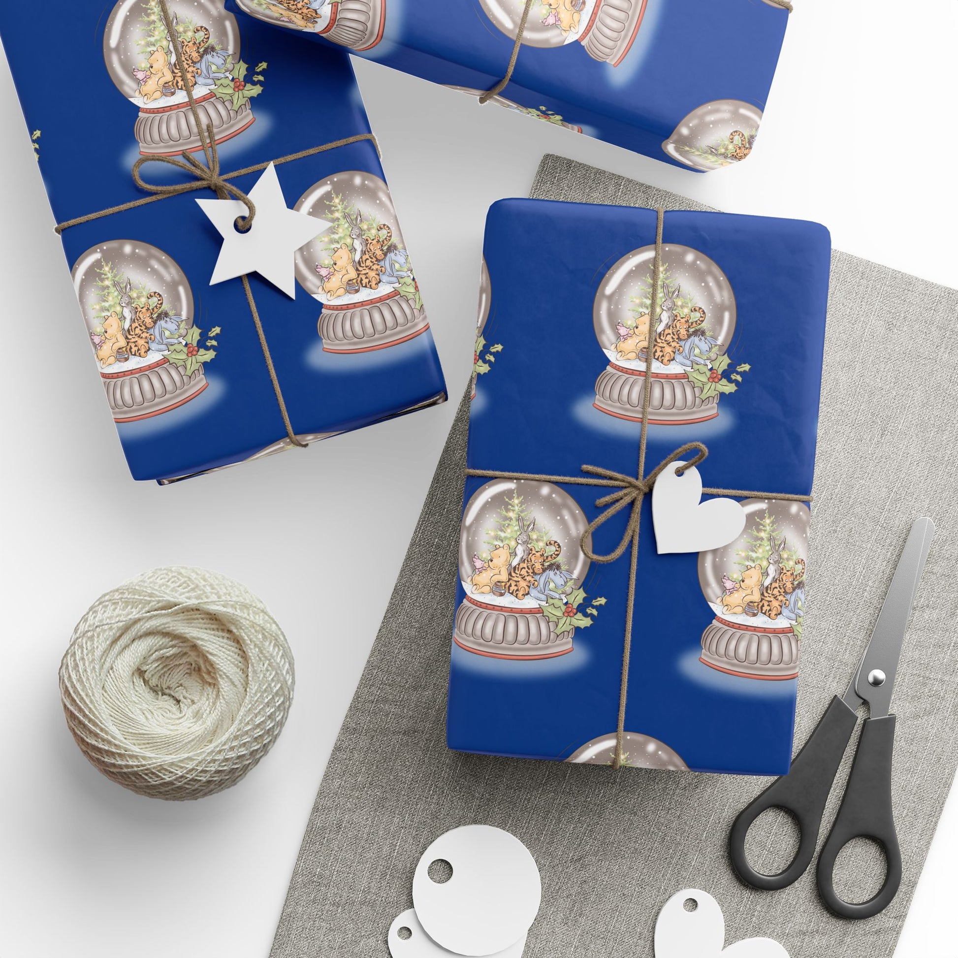 Gift Wrap - Classic Winnie the Pooh Deep Blue Wrapping Paper, Pooh and Friends in a Snow Globe