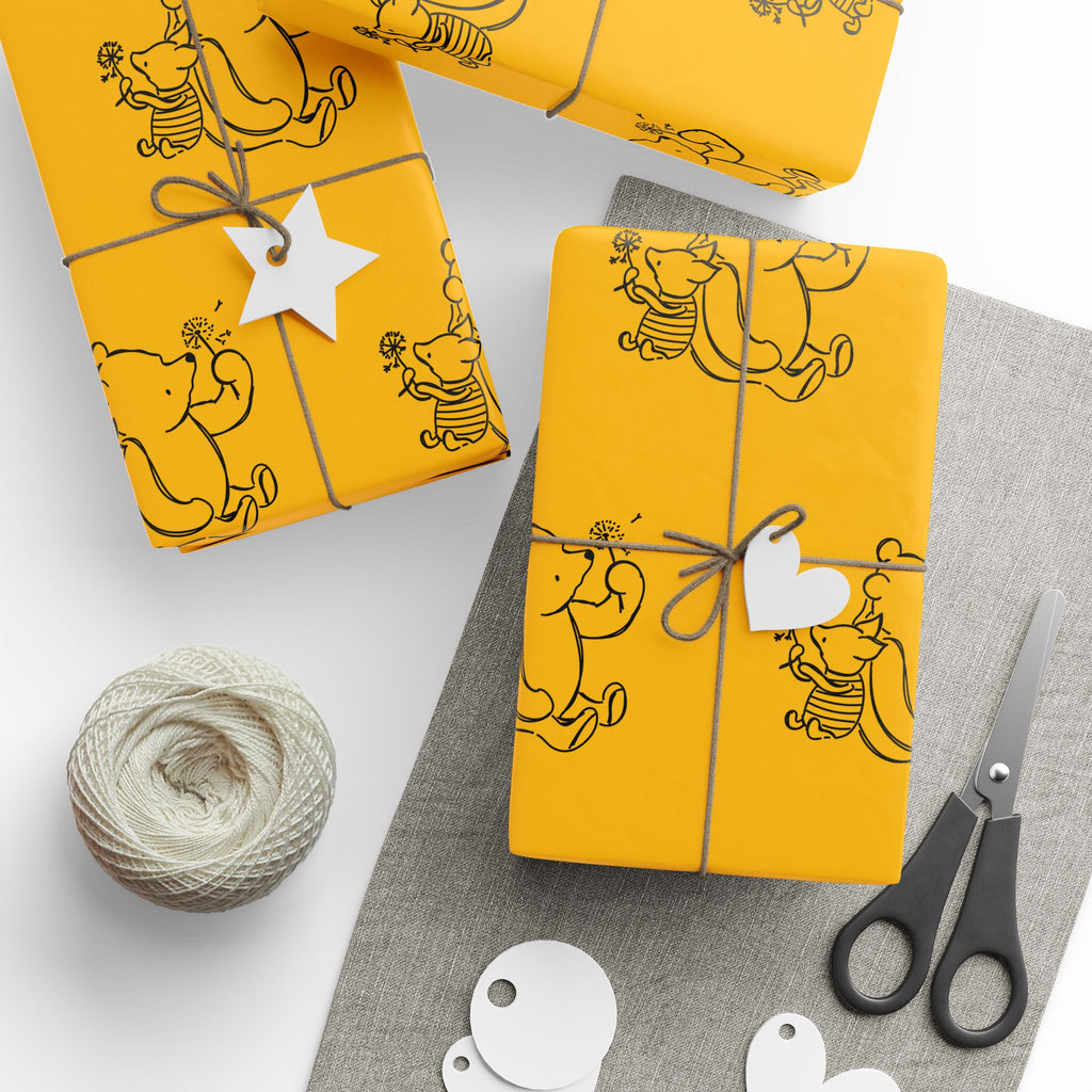 Gift Wrap - Yellow Classic Winnie the Pooh and Piglet Blowing Dandelions