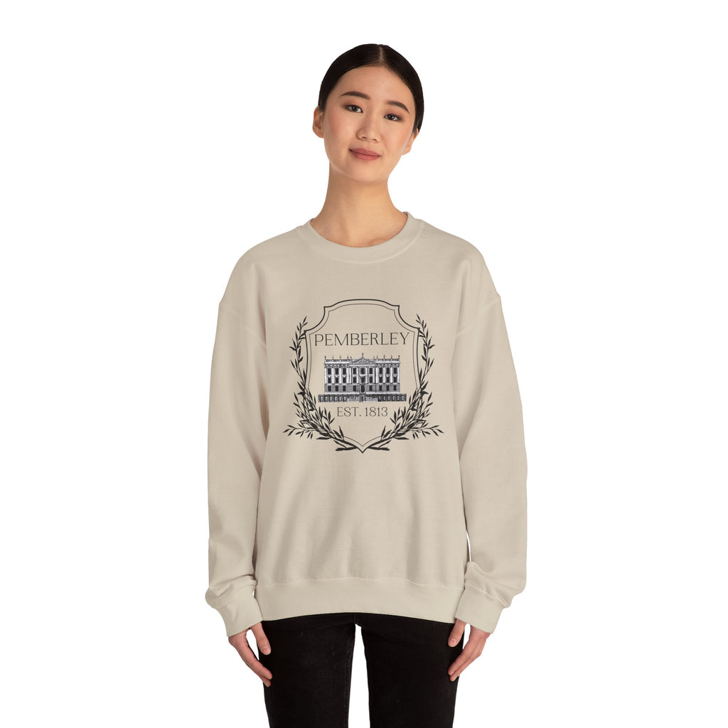 Sweatshirt, Pemberley Dark Crest Sweatshirt, Pride and Prejudice Gift, Unisex Crewneck Jumper, Mr. Darcy's Estate, Regency Literature Top, Book Lover