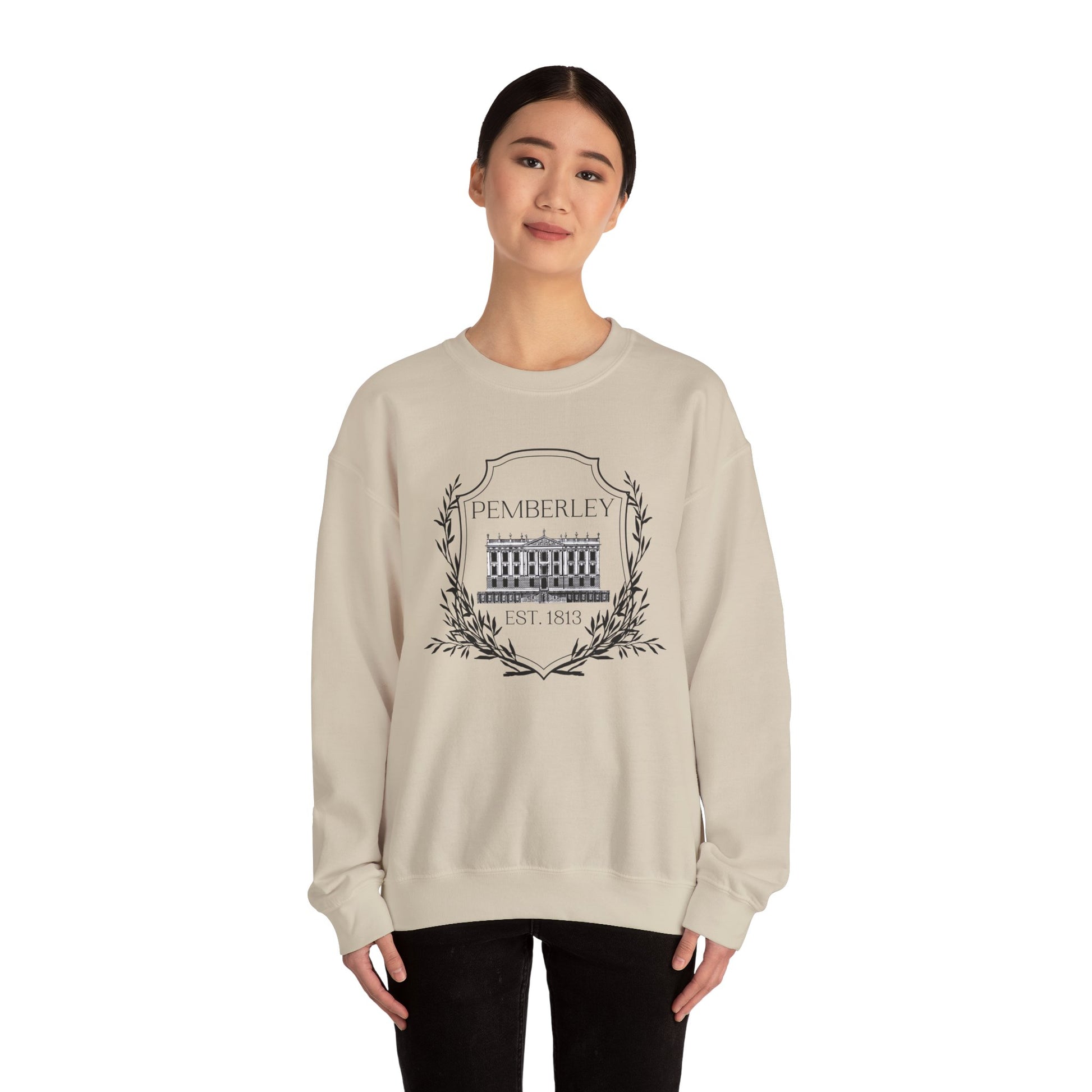 Sweatshirt, Pemberley Dark Crest Sweatshirt, Pride and Prejudice Gift, Unisex Crewneck Jumper, Mr. Darcy's Estate, Regency Literature Top, Book Lover