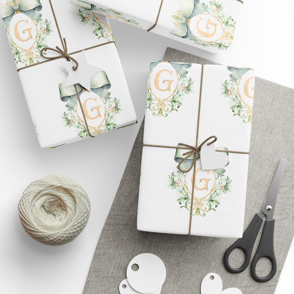Gift Wrap, Wedding Gift Wrap, Baby Shower Green and Gold Bow Crest with Personalized Initial in Gold Wrapping Paper, Presents, Custom,Bridal