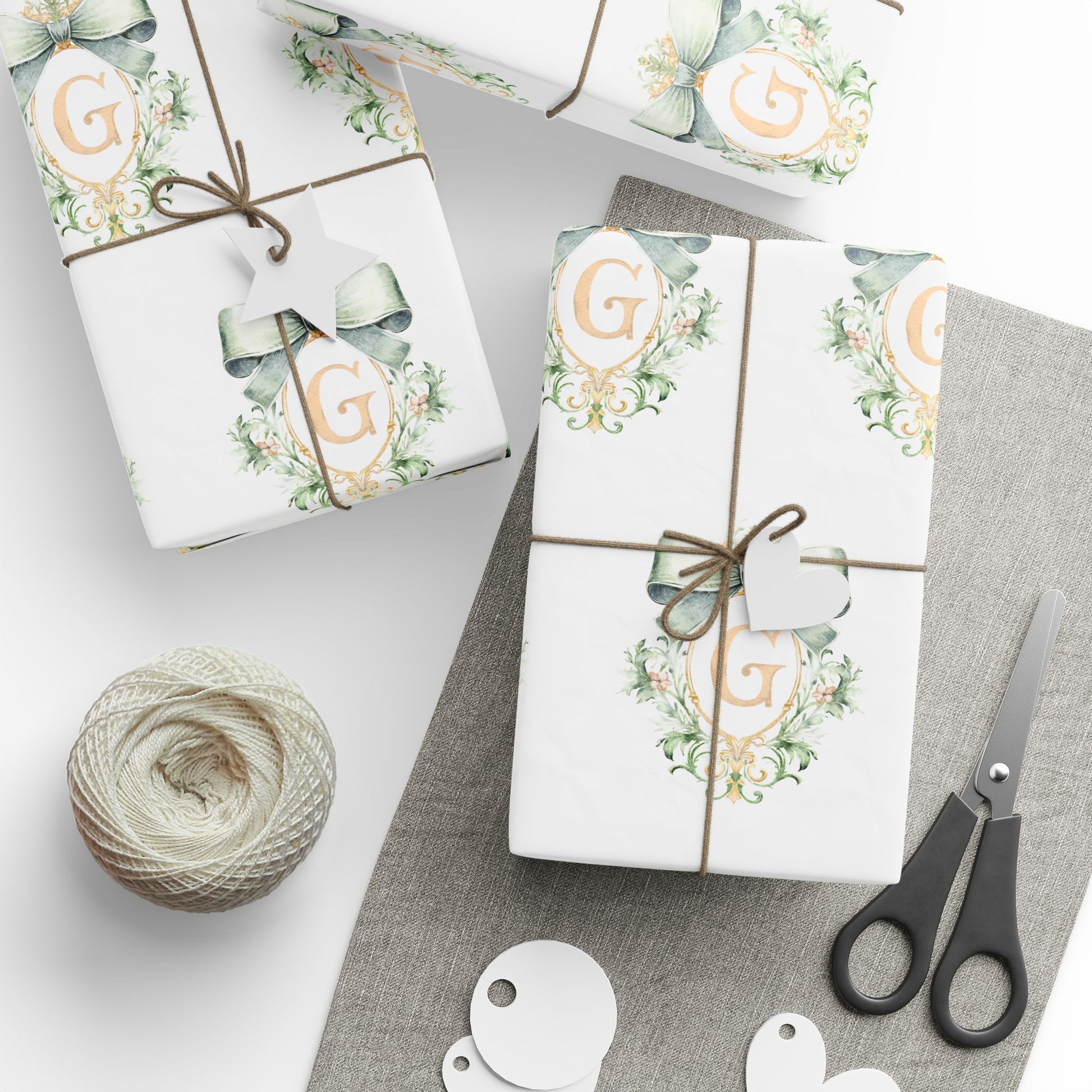 Gift Wrap, Wedding Gift Wrap, Baby Shower Green and Gold Bow Crest with Personalized Initial in Gold Wrapping Paper, Presents, Custom,Bridal