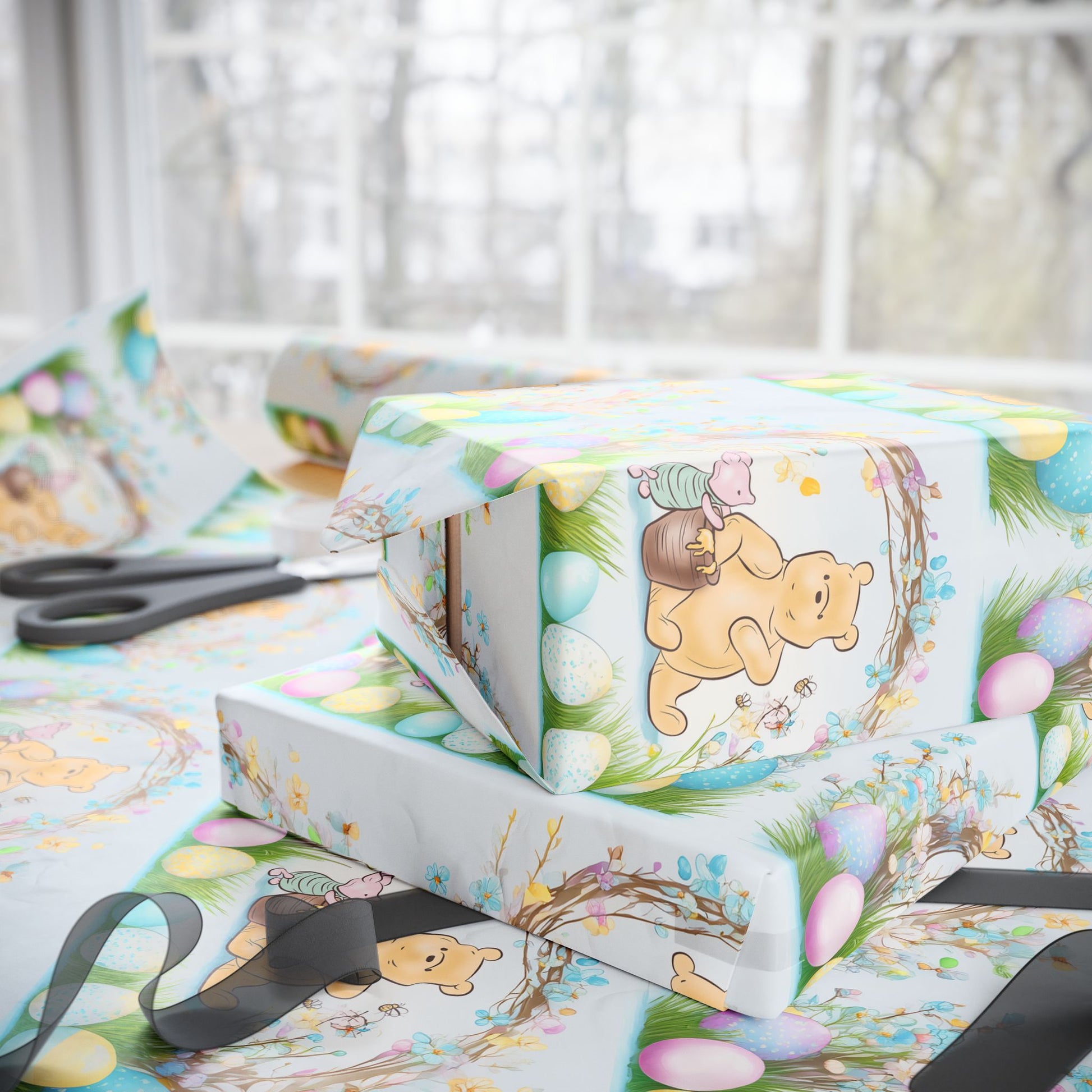 Gift Wrap, Classic Winnie the Pooh Wrapping Papers for Easter, Blue Pooh and Piglet Design, Holiday Present Packaging, Party, Festive