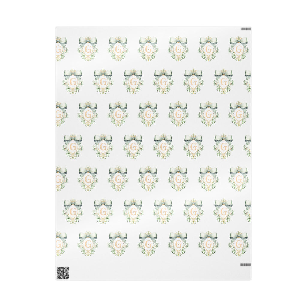 Gift Wrap, Wedding Gift Wrap, Baby Shower Green and Gold Bow Crest with Personalized Initial in Gold Wrapping Paper, Presents, Custom,Bridal
