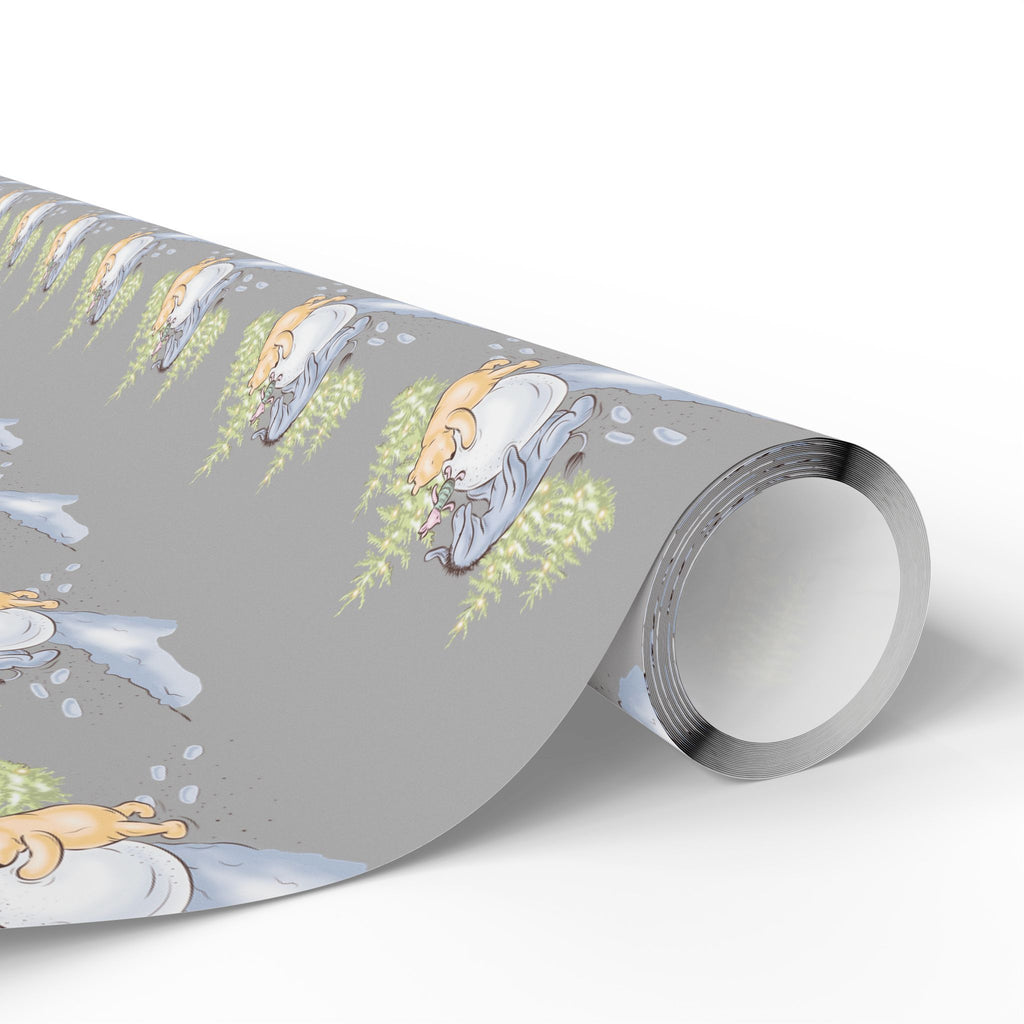Gift Wrap - Gray Classic Winnie the Pooh Wrapping Paper, Pooh and Eeyore Rolling a Snowball