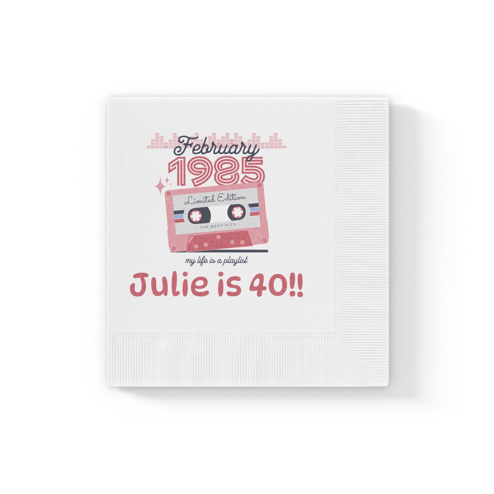 Custom Cocktail Napkin, Personalized Retro Birthday Cassette Tape in Pink and Blue, Birthday, Birth Year and Name, Party, Events napkins