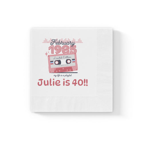 Custom Cocktail Napkin, Personalized Retro Birthday Cassette Tape in Pink and Blue, Birthday, Birth Year and Name, Party, Events napkins