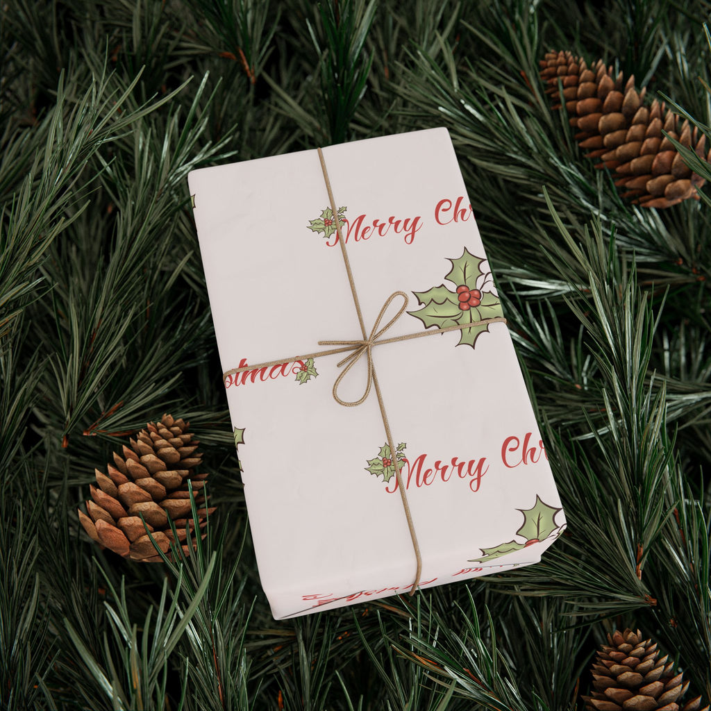 Gift Wrap - Blush Pink Holly Leaf Merry Christmas