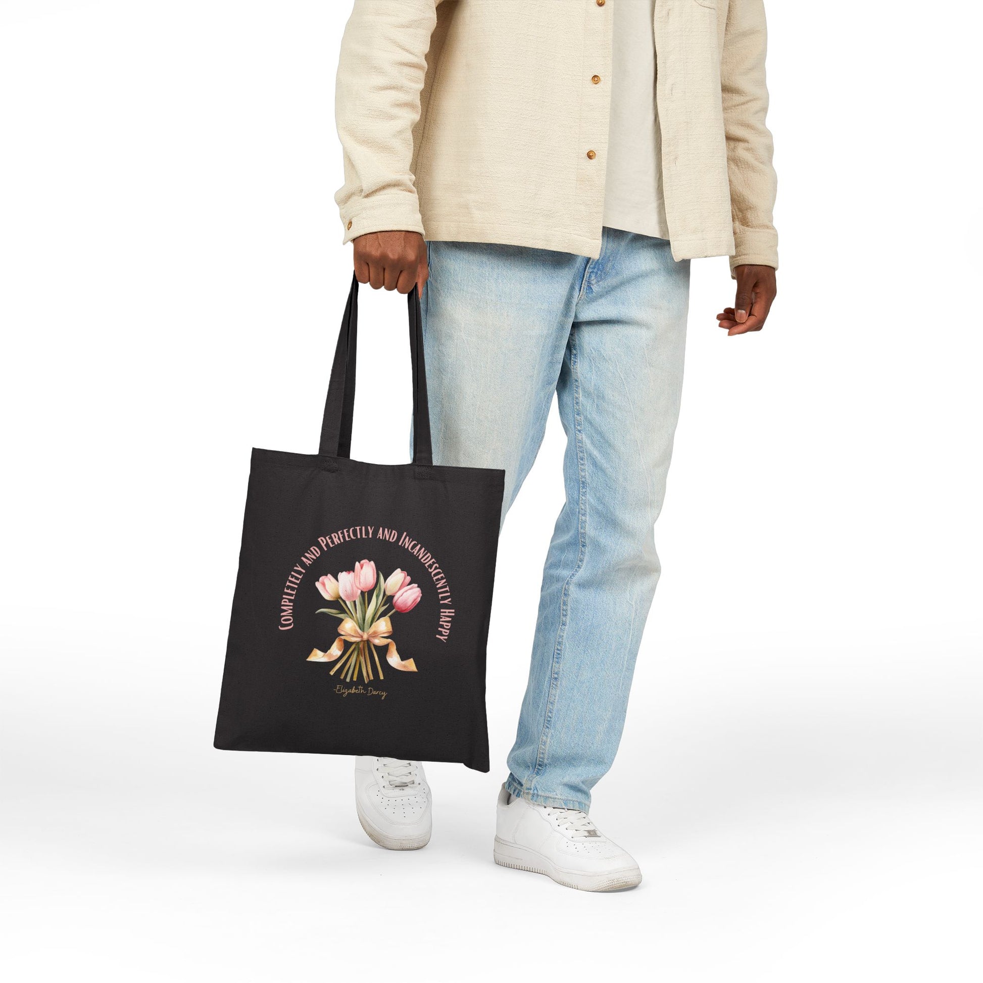 Tote Bag, Literary Quote Canvas Tote Bag, Pride and Prejudice Book Bag, Elizabeth Bennet, Pink Tulip Bouquet, Gold Ribbon, Shopping Bag, Reusable