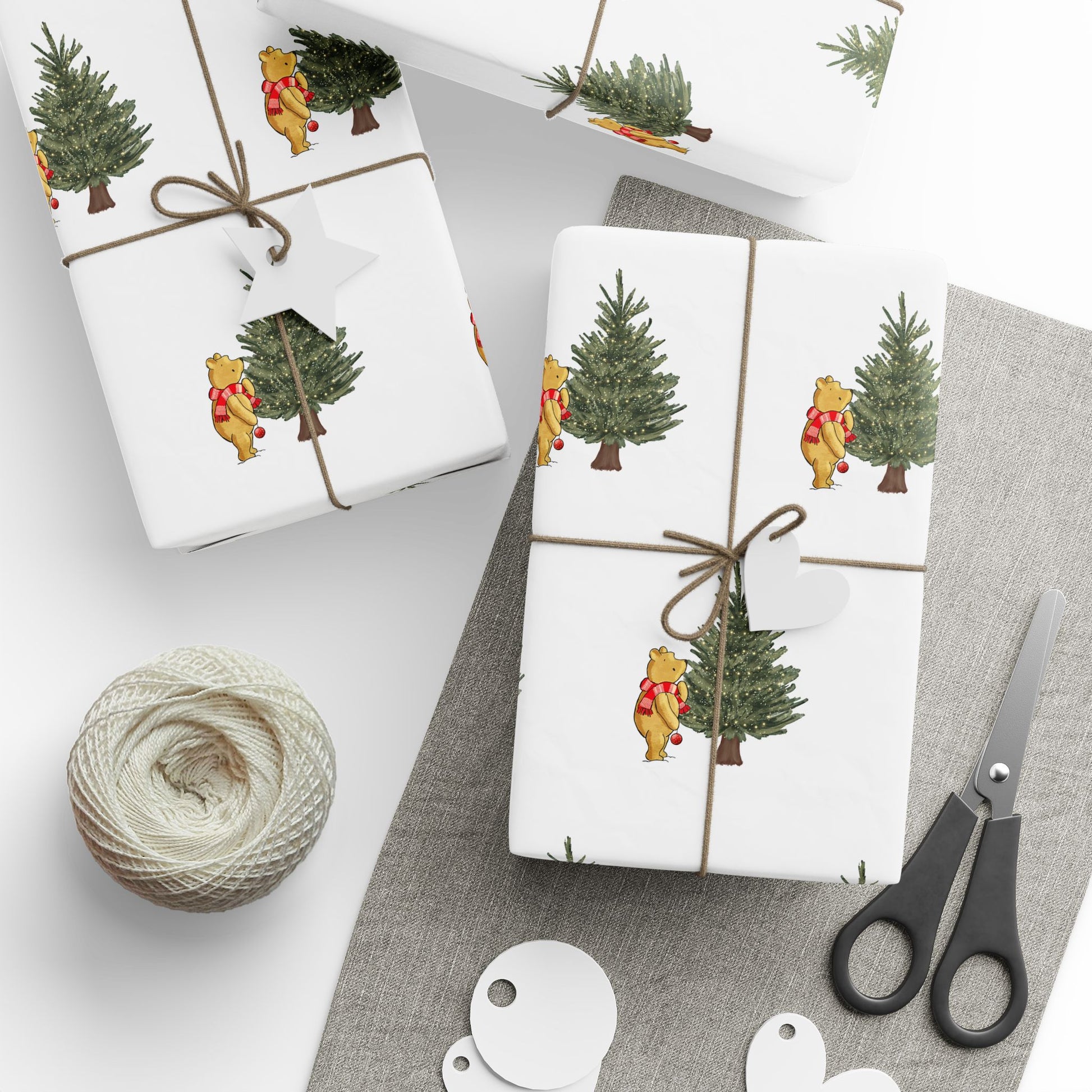 Gift Wrap - Classic Winnie the Pooh White Wrapping Paper with Tree with Lights