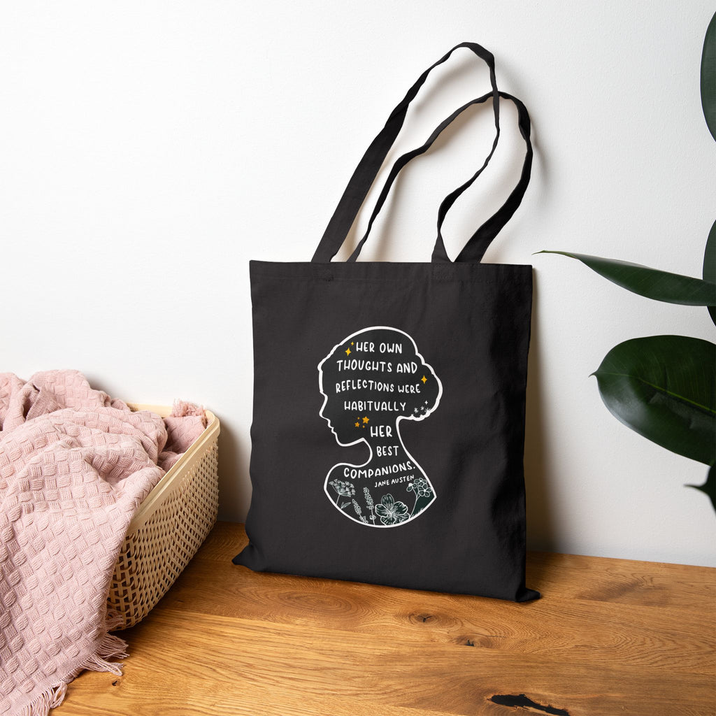 Tote Bag, Jane Austen Silhouette Cotton Canvas Tote Bag - Literary Quote, Book Lovers Gift, Floral Design, Black or Natural Tote, Women's Fashion