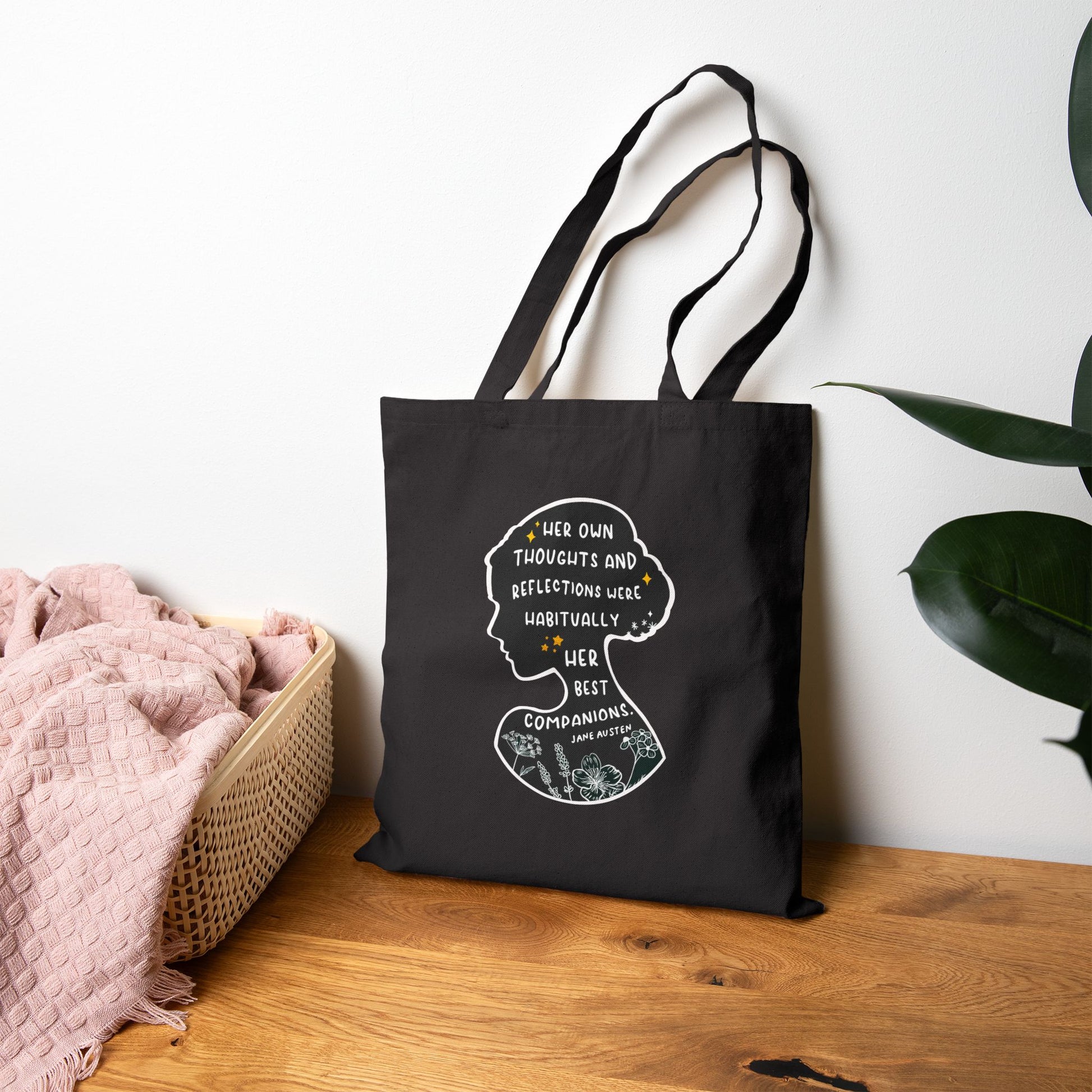 Tote Bag, Jane Austen Silhouette Cotton Canvas Tote Bag - Literary Quote, Book Lovers Gift, Floral Design, Black or Natural Tote, Women's Fashion