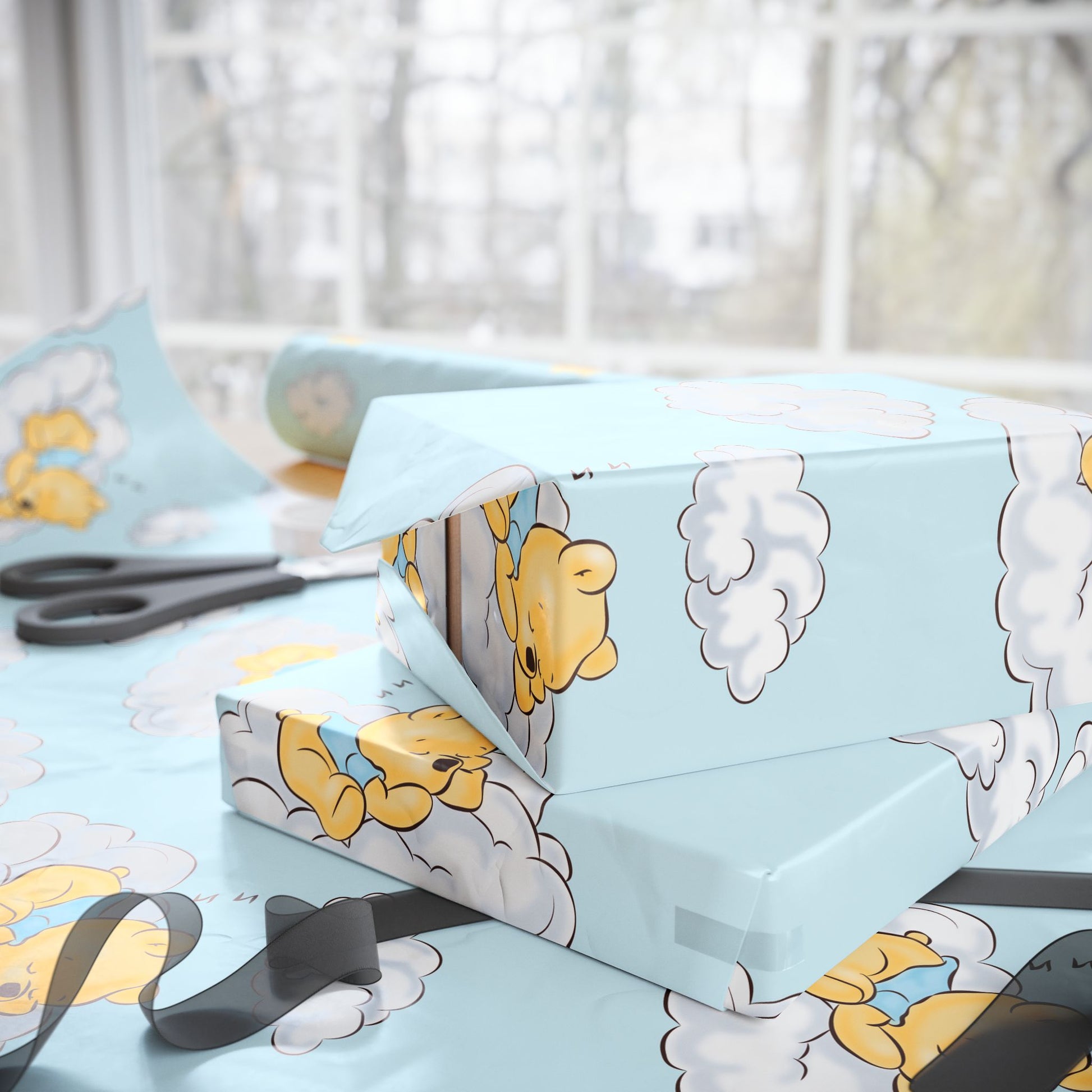 Gift Wrap - Blue Baby Classic Winnie the Pooh in a Blue Shirt on a Cloud