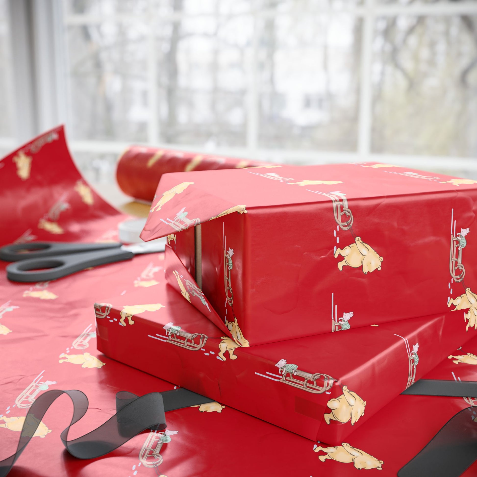 Gift Wrap - Classic Winnie the Pooh Deep Red Wrapping Paper Roll of Pooh Pulling a Sled