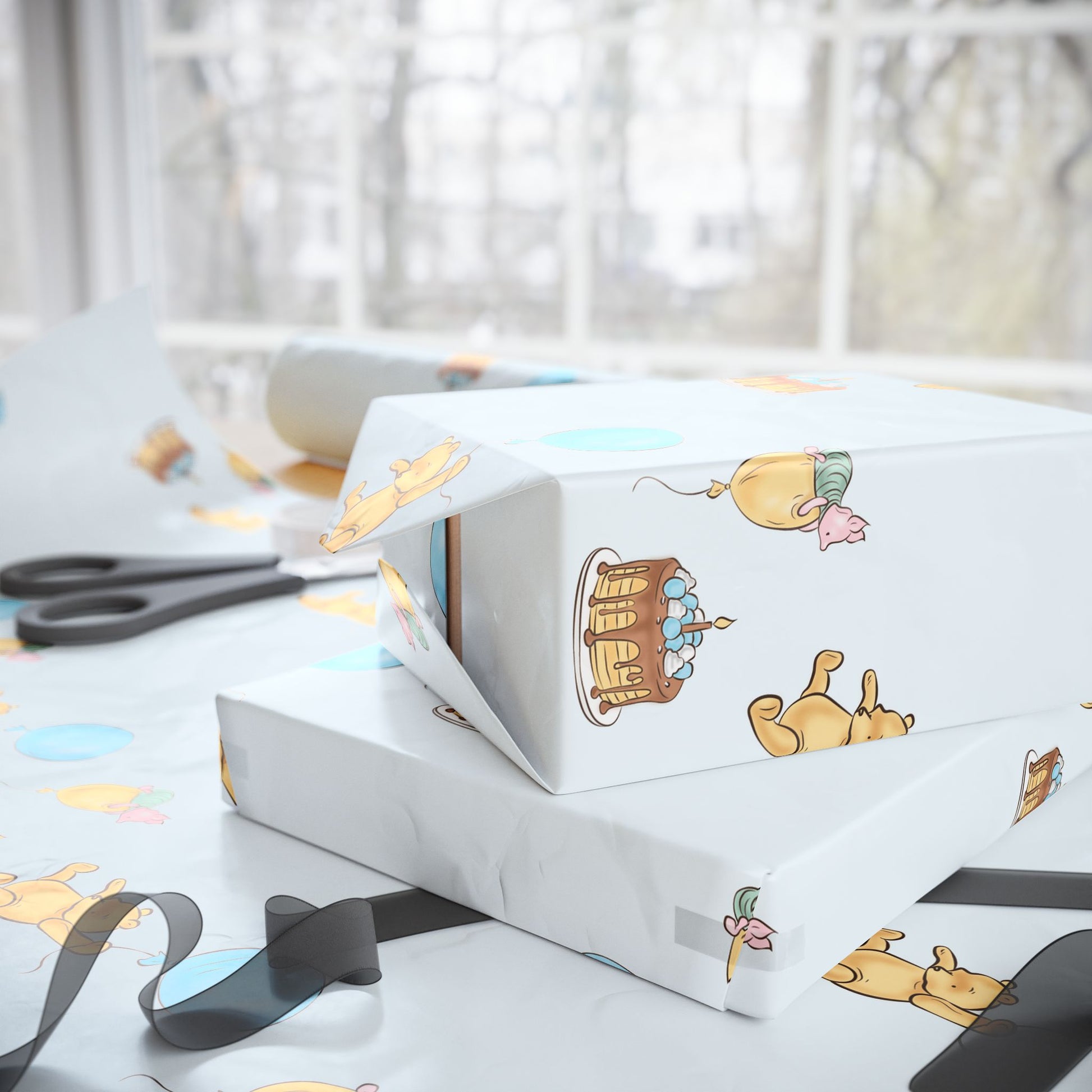 Gift Wrap - Classic Winnie the Pooh in Baby Blue with Happy Birthday, Pooh, Piglet, Balloons, a Cake on a Table with a Candle