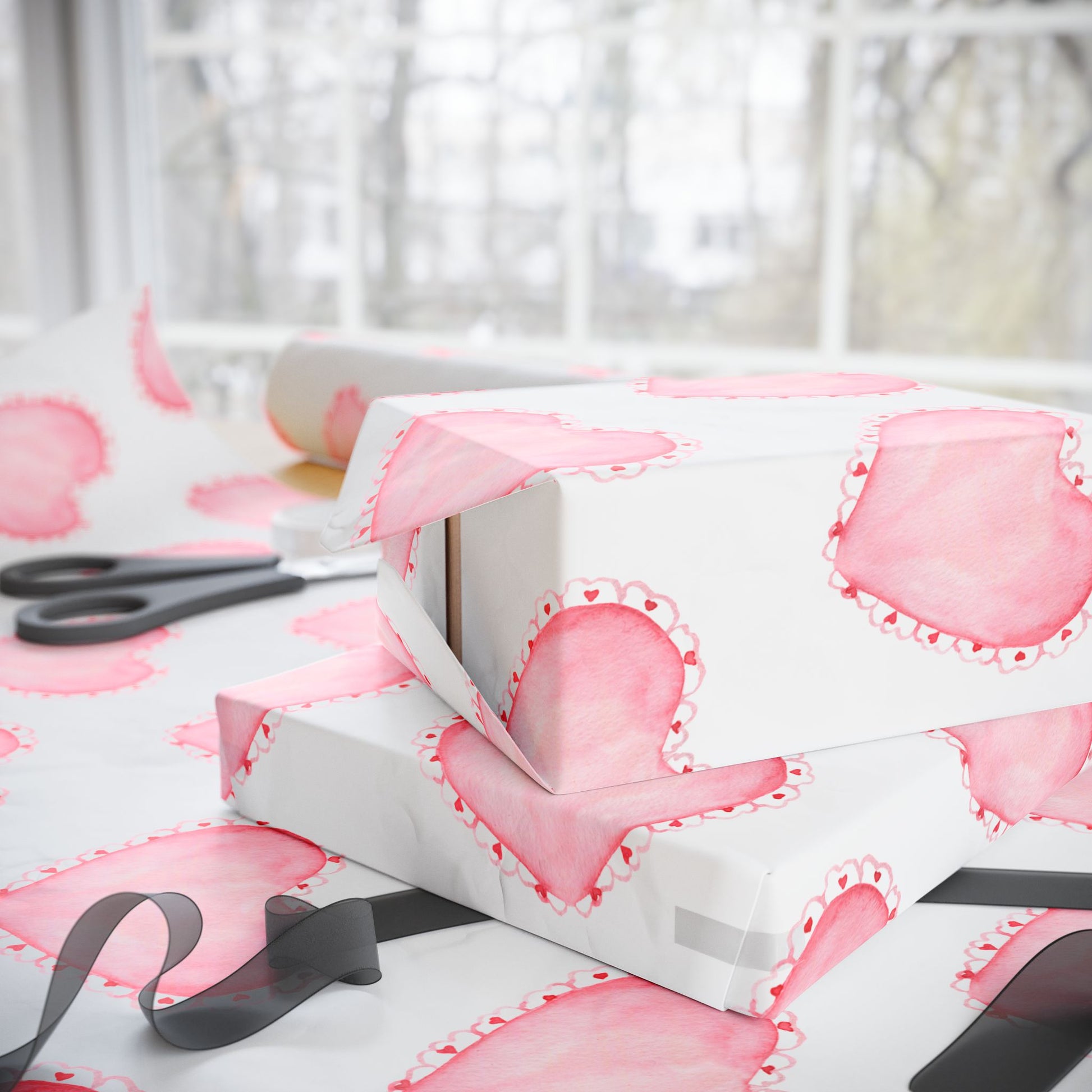 Gift Wrap, Pink Hearts with Red Edges, Valentine's Day Birthday Anniversary, Wrapping Paper Roll, Holidays Occasions, Present Packaging,
