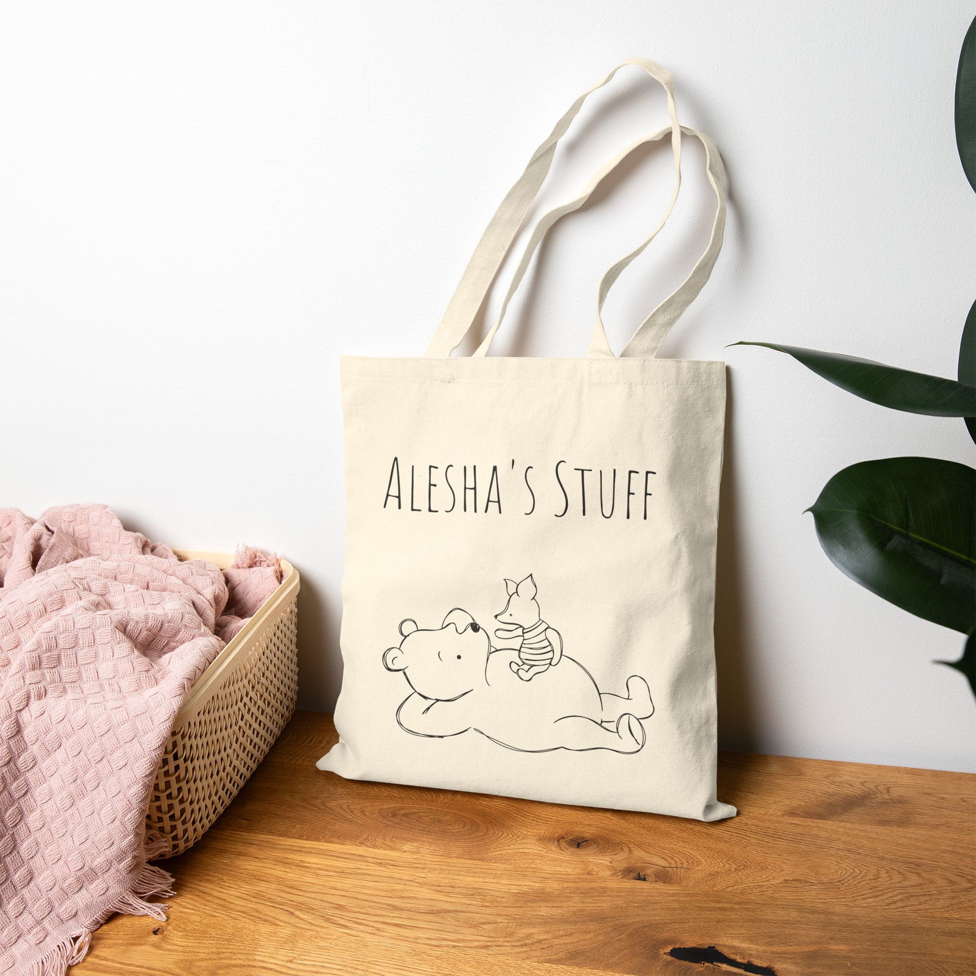 Tote Bag, Classic Pooh Piglet Chillin Canvas Tote Bag, Personalized Tote Bag, Custom Name Bag, Neutral Tote Bag, Gift for Winnie Fans,Classic