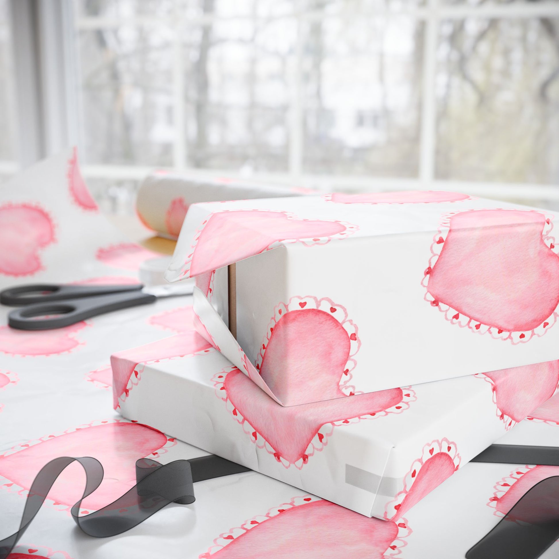 Gift Wrap, Pink Hearts with Red Edges, Valentine's Day Birthday Anniversary, Wrapping Paper Roll, Holidays Occasions, Present Packaging,