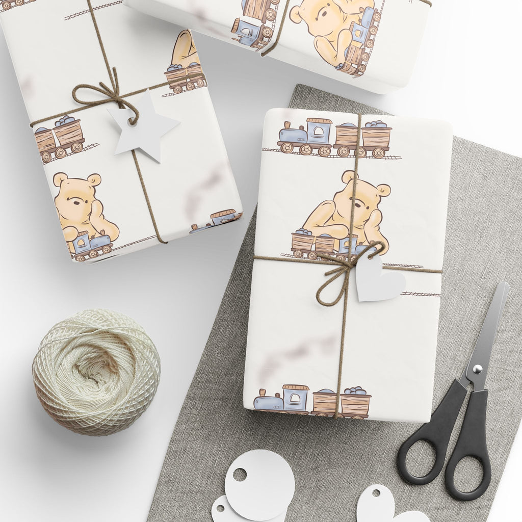Gift Wrap - Cream Classic Winnie the Pooh playing with a train set