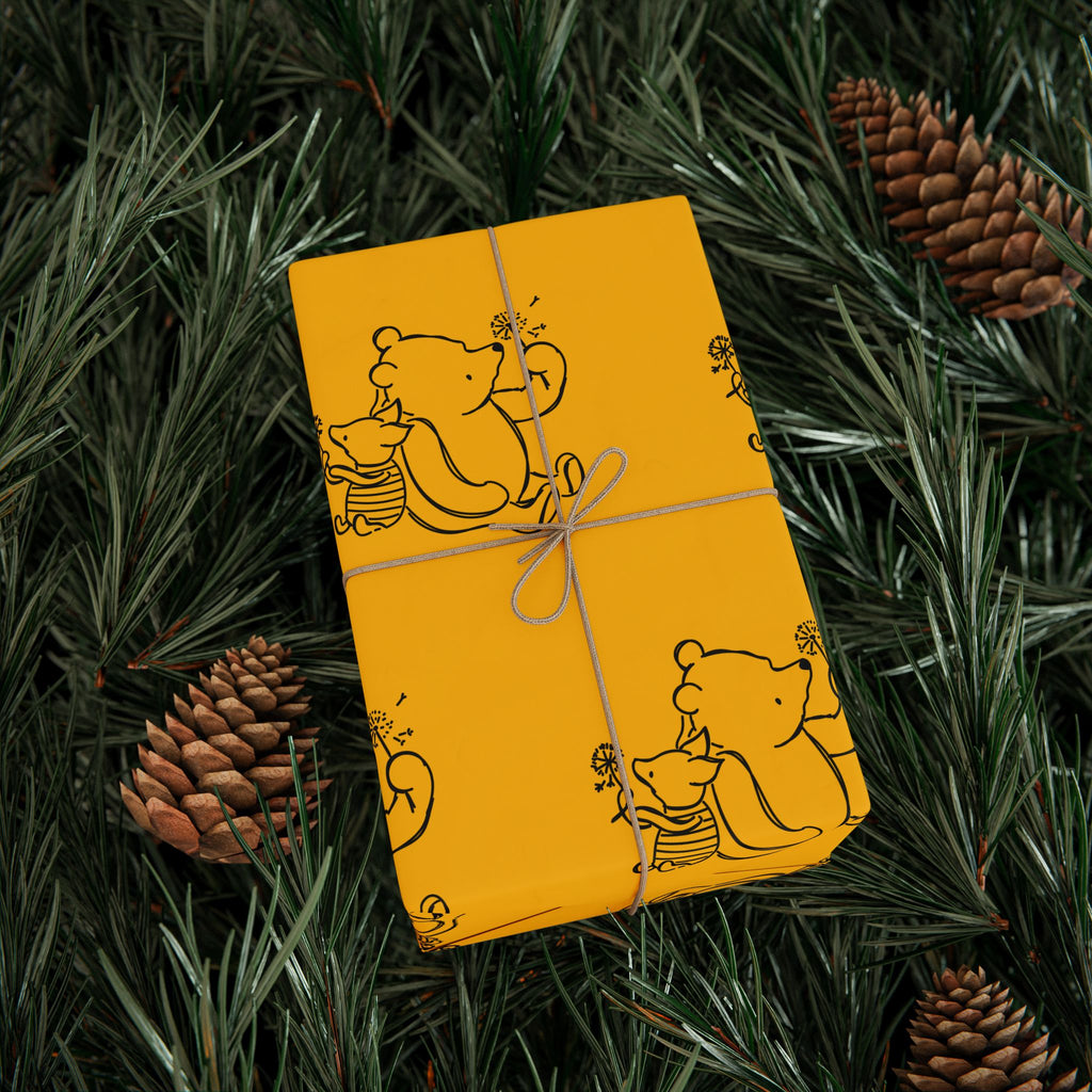 Gift Wrap - Yellow Classic Winnie the Pooh and Piglet Blowing Dandelions