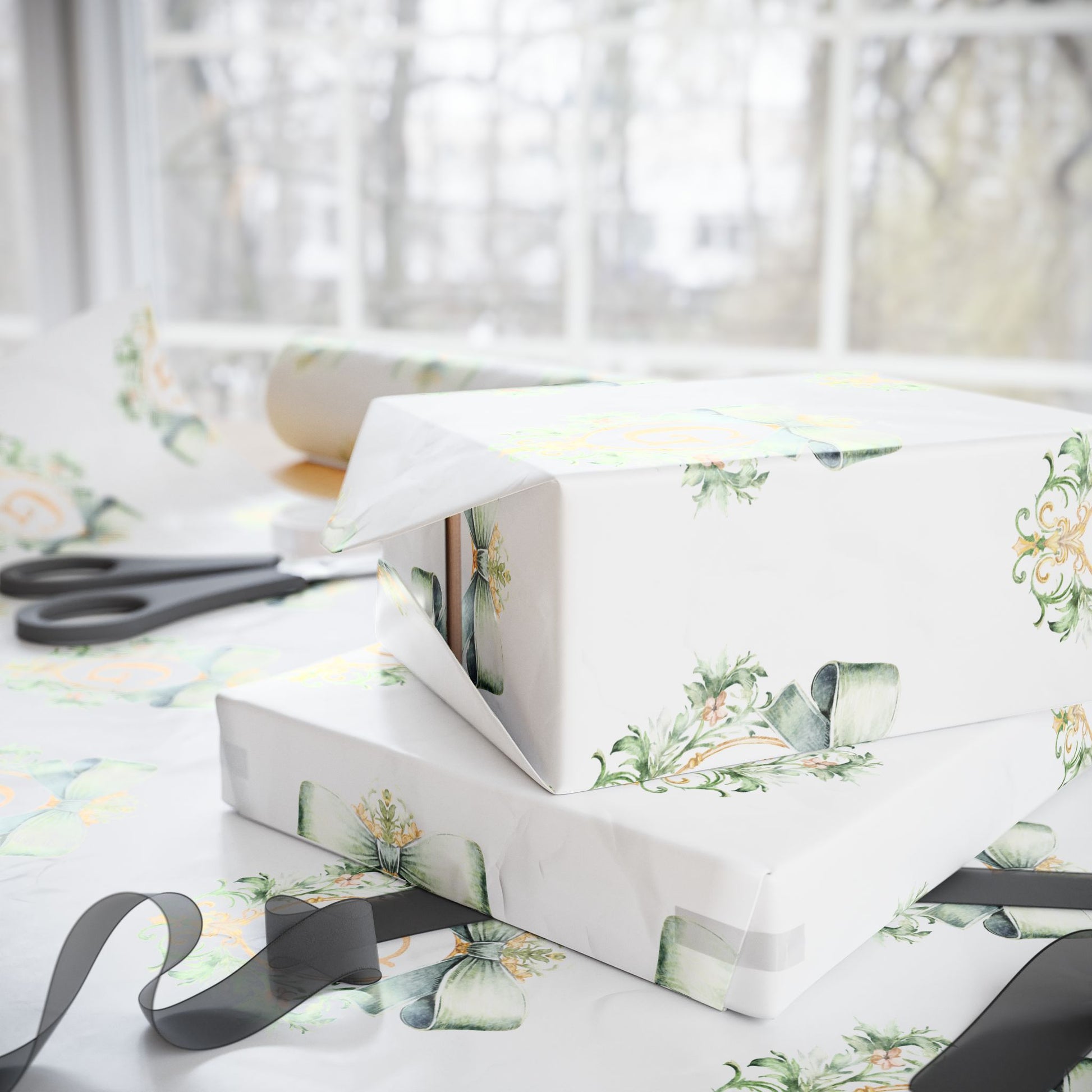 Gift Wrap, Wedding Gift Wrap, Baby Shower Green and Gold Bow Crest with Personalized Initial in Gold Wrapping Paper, Presents, Custom,Bridal