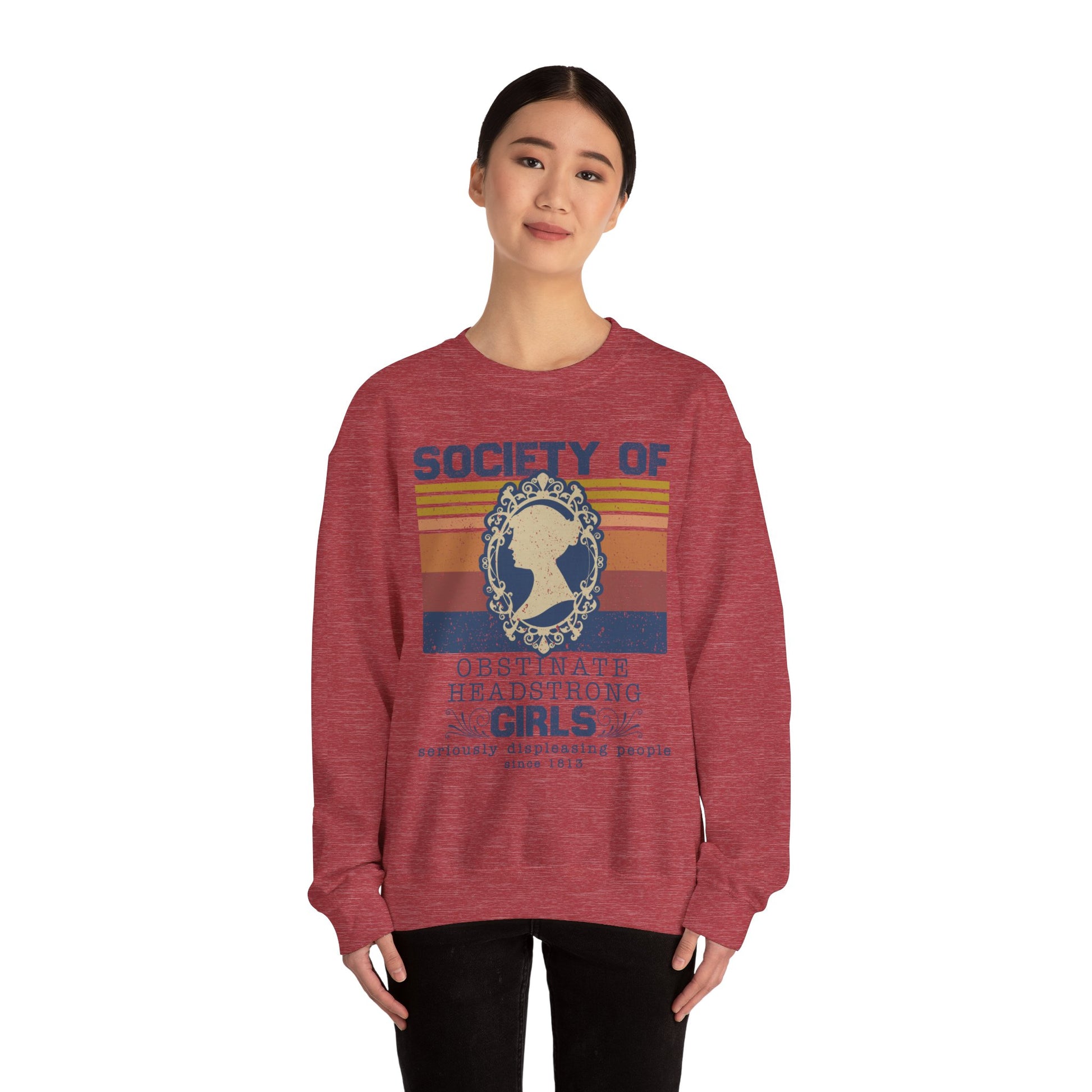 Sweatshirt, Jane Austen Silhouette, Obstinate and Head Strong Girls Crewneck, Gildan 18000, Literary Gift, Author Fan Apparel