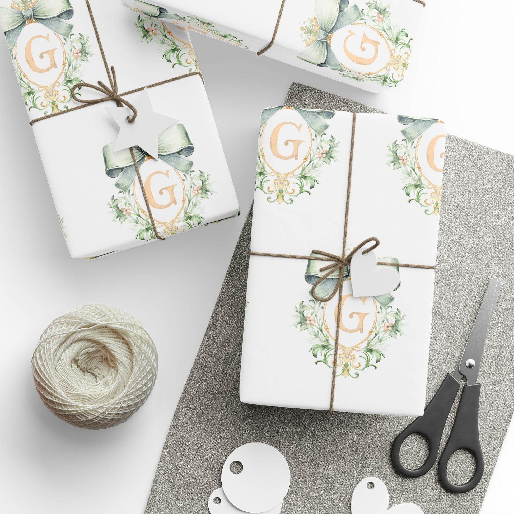 Gift Wrap, Wedding Gift Wrap, Baby Shower Green and Gold Bow Crest with Personalized Initial in Gold Wrapping Paper, Presents, Custom,Bridal