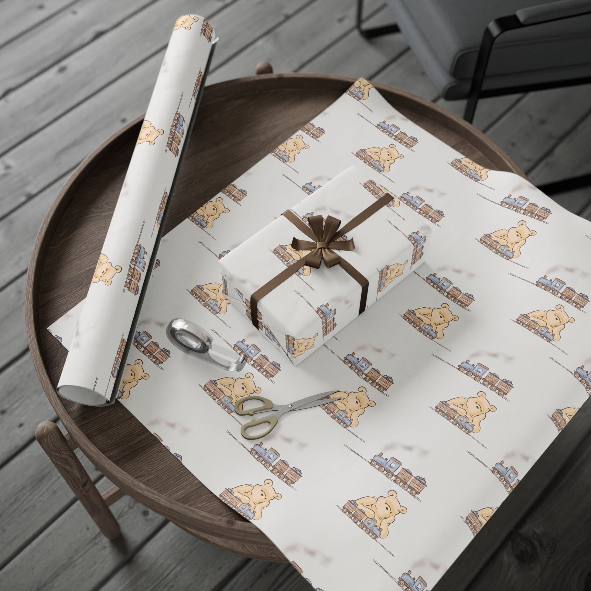 Gift Wrap - Cream Classic Winnie the Pooh playing with a train set