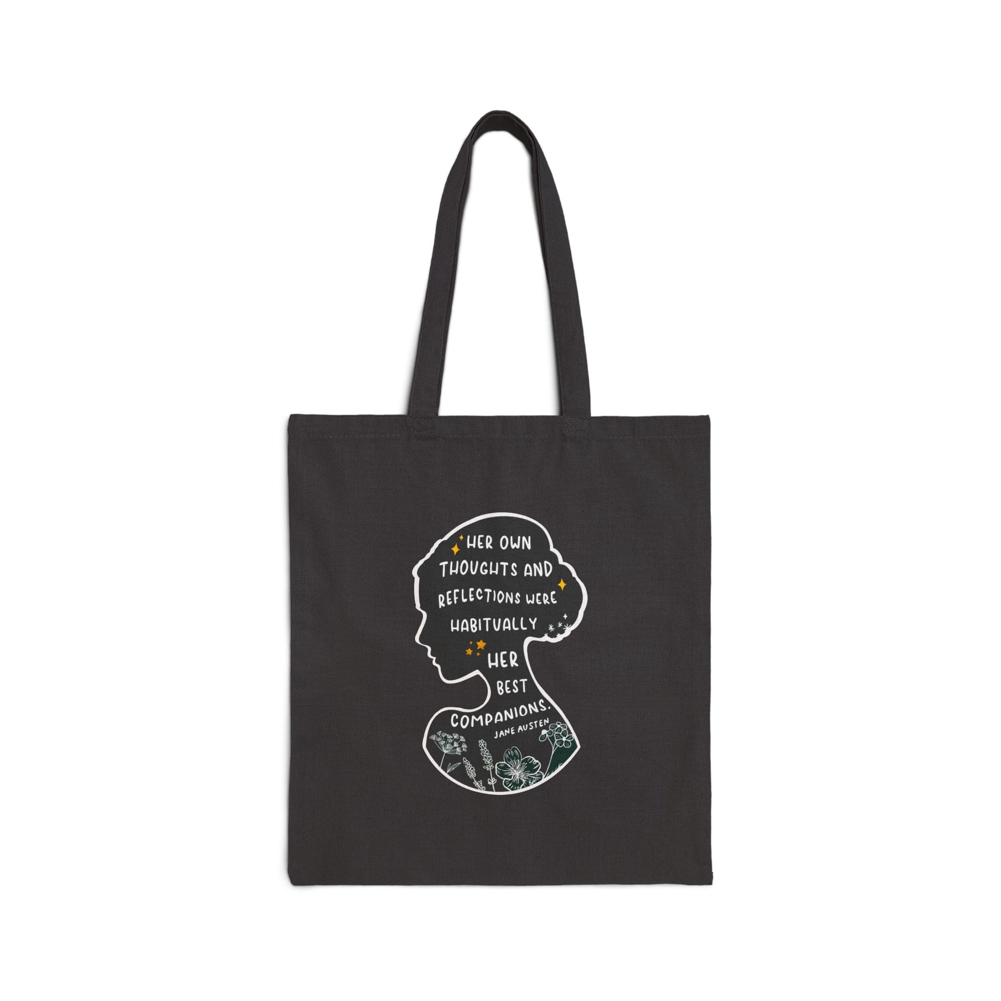 Tote Bag, Jane Austen Silhouette Cotton Canvas Tote Bag - Literary Quote, Book Lovers Gift, Floral Design, Black or Natural Tote, Women's Fashion