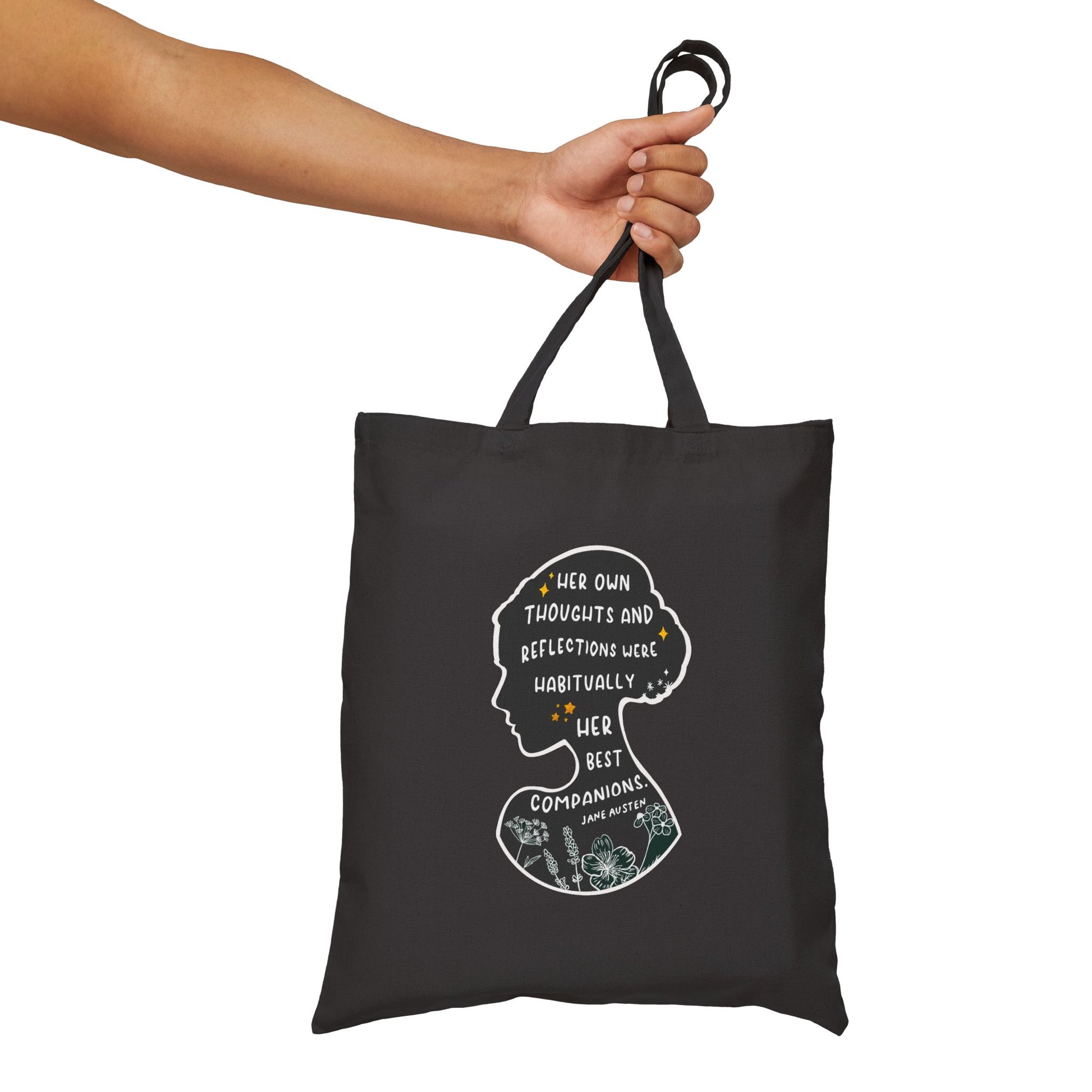 Tote Bag, Jane Austen Silhouette Cotton Canvas Tote Bag - Literary Quote, Book Lovers Gift, Floral Design, Black or Natural Tote, Women's Fashion