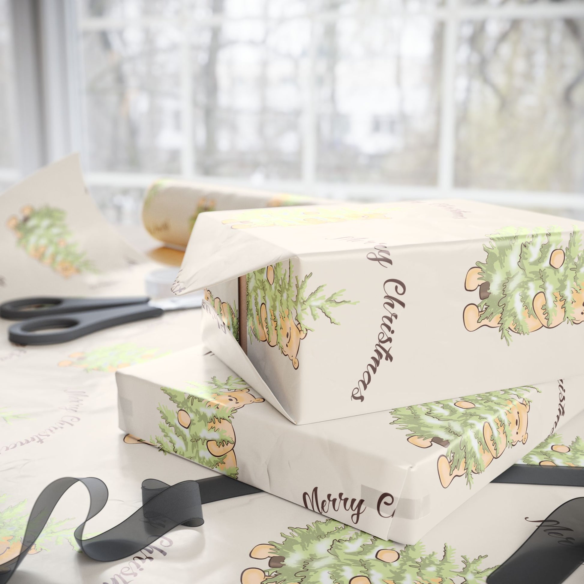 Gift Wrap - Cream Classic Winnie the Pooh Merry Christmas Wrapping Papers, Pooh holding a Snow Covered Tree