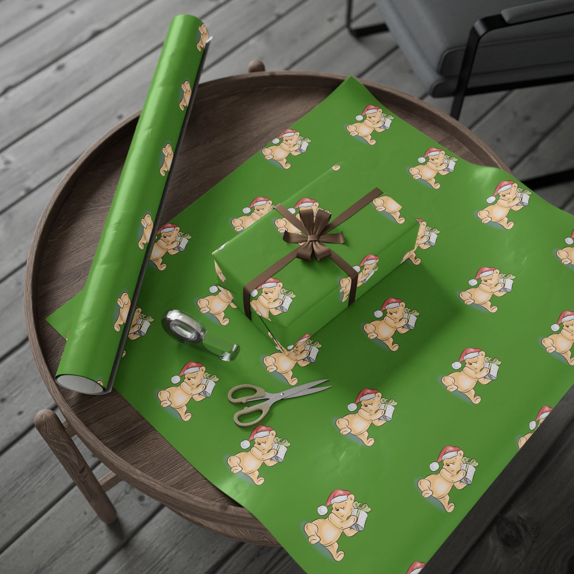 Gift Wrap - Green Classic Winnie the Pooh Watercolor Wrapping Paper, Pooh Holding a Present