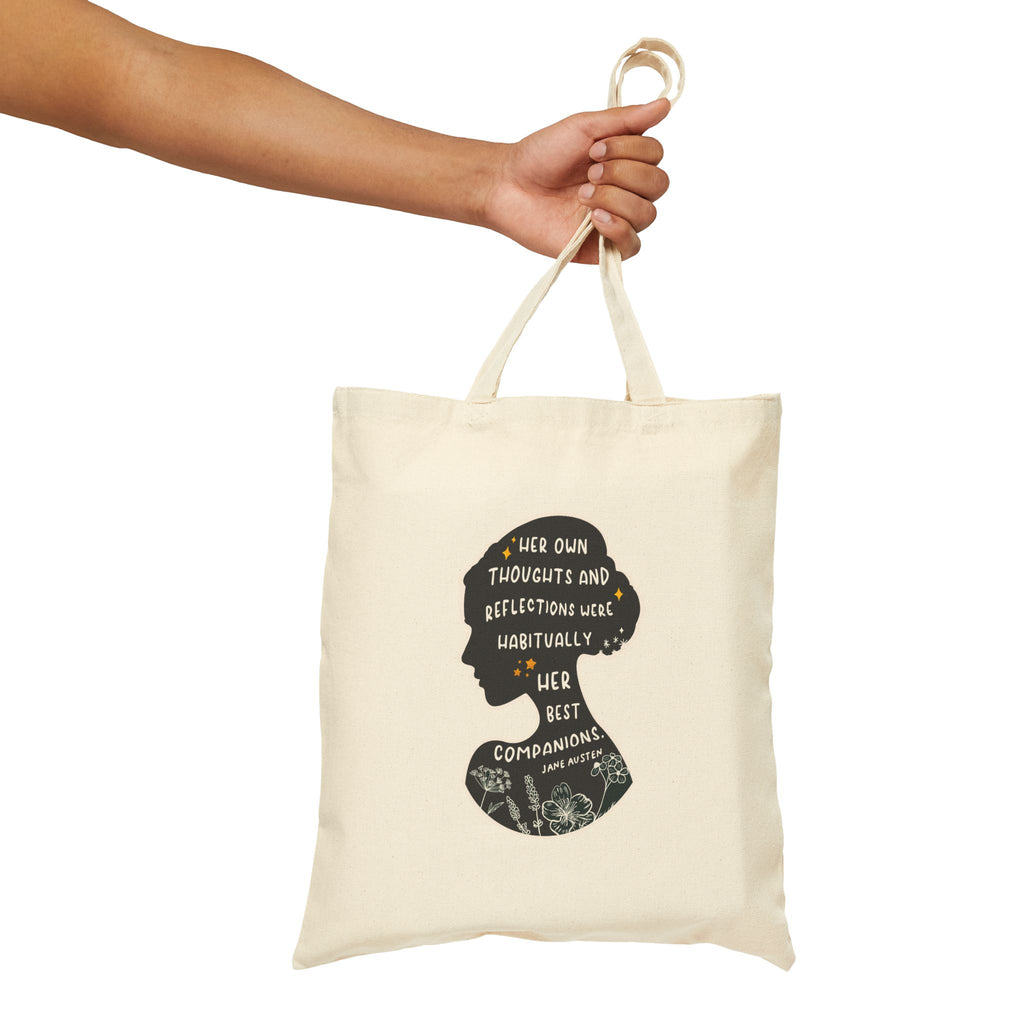 Tote Bag, Jane Austen Silhouette Cotton Canvas Tote Bag - Literary Quote, Book Lovers Gift, Floral Design, Black or Natural Tote, Women's Fashion