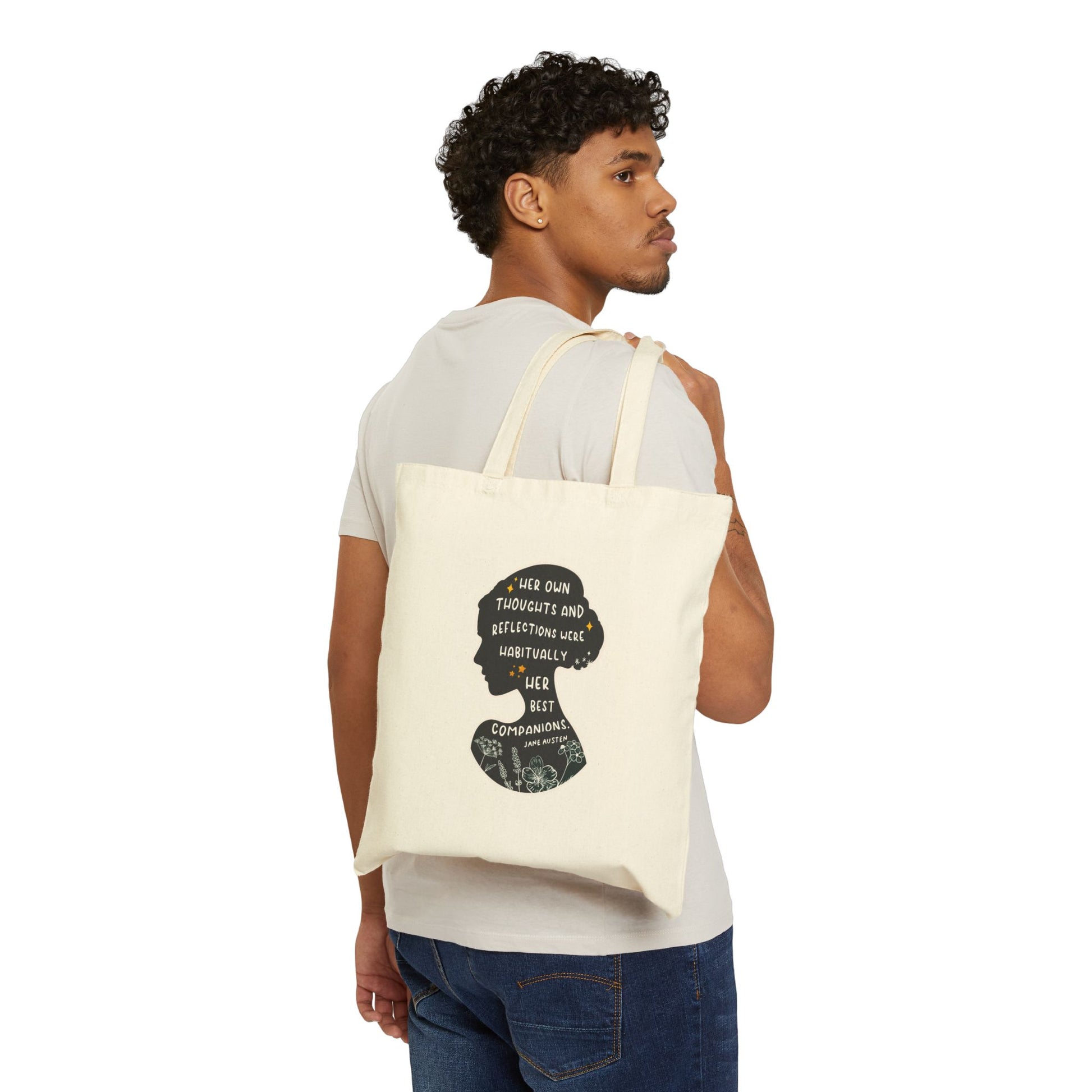 Tote Bag, Jane Austen Silhouette Cotton Canvas Tote Bag - Literary Quote, Book Lovers Gift, Floral Design, Black or Natural Tote, Women's Fashion