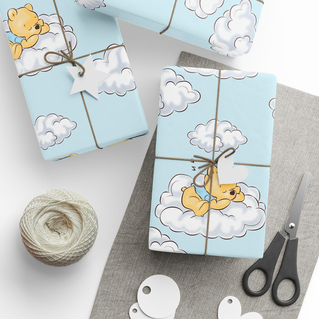 Gift Wrap - Blue Baby Classic Winnie the Pooh in a Blue Shirt on a Cloud