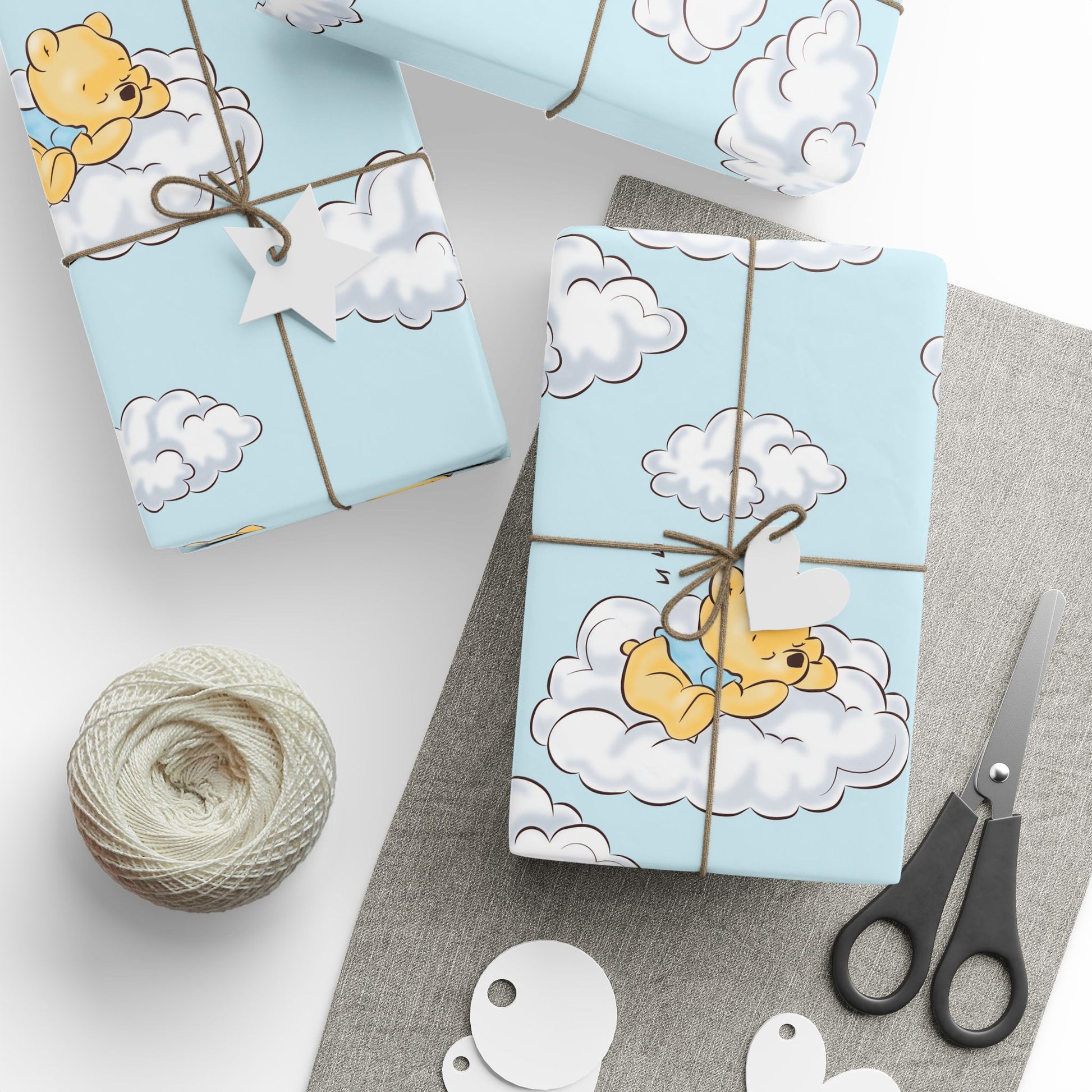 Gift Wrap - Blue Baby Classic Winnie the Pooh in a Blue Shirt on a Cloud